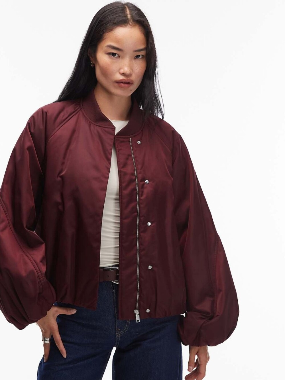 & Other Stories Burgundy Zip Front Bomber Jacket Volume Sleeves Medium